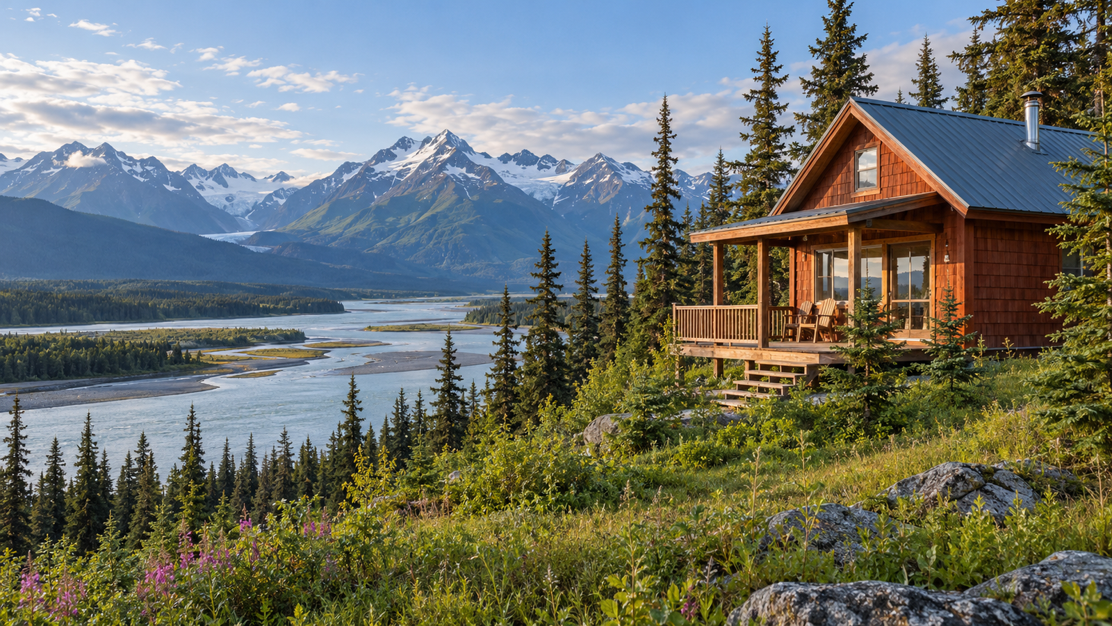 Illustrative cabin and river landscape in Alaska